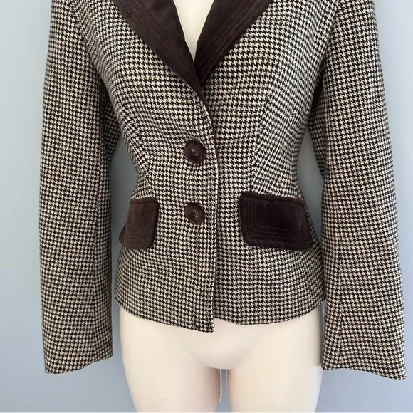 🌷 Karen Millen Vintage Brown and Off White Houndstooth Blazer Equestrian Size 6 - Picture 5 of 11